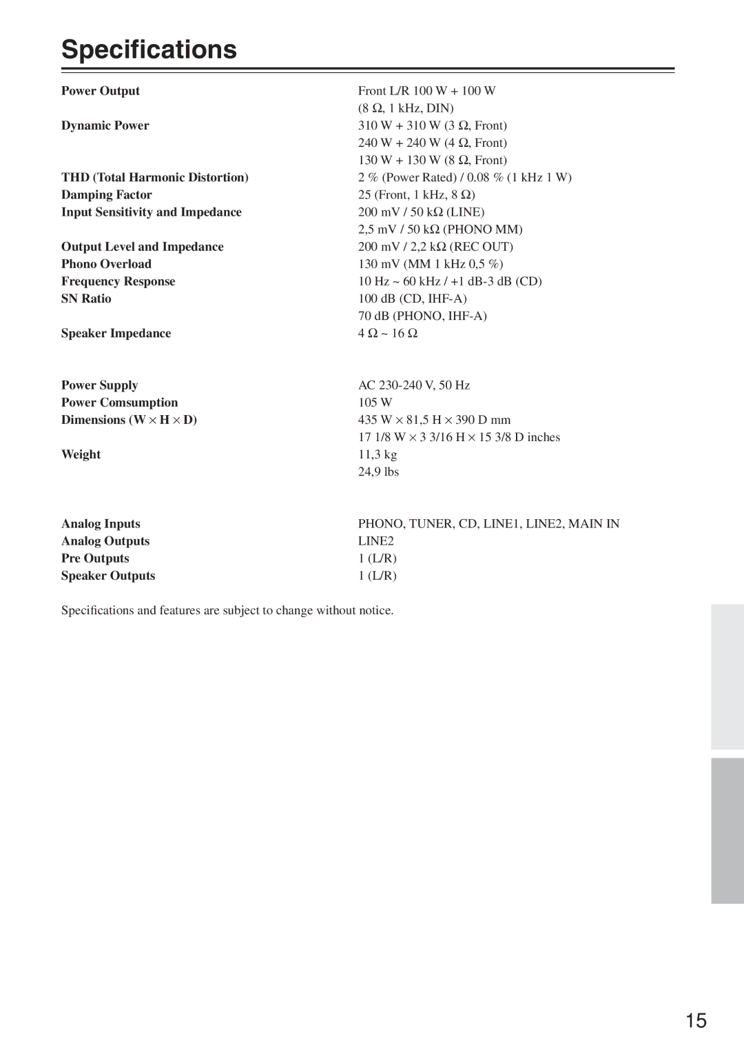 Onkyo A-1VL instruction manual Speciﬁcations, Pre Outputs Speaker Outputs 