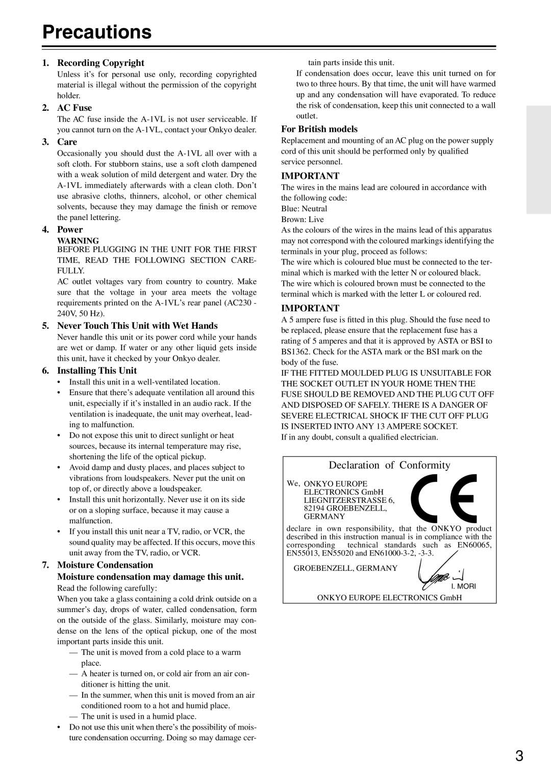 Onkyo A-1VL instruction manual Precautions, Recording Copyright 