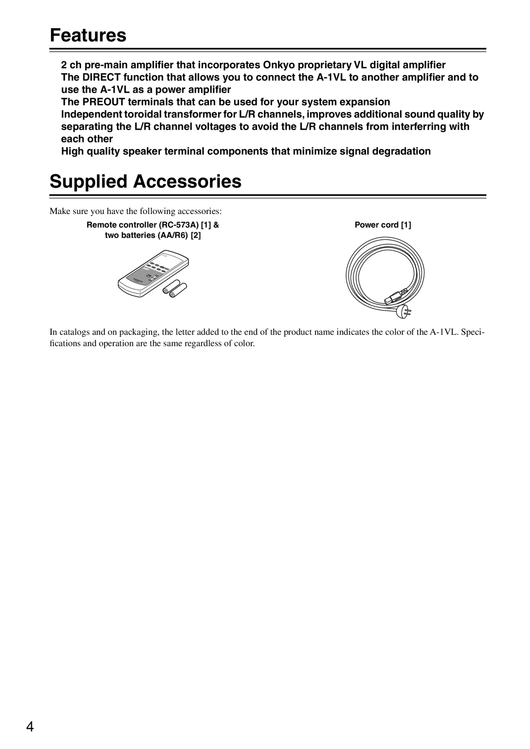 Onkyo A-1VL instruction manual Features, Supplied Accessories 