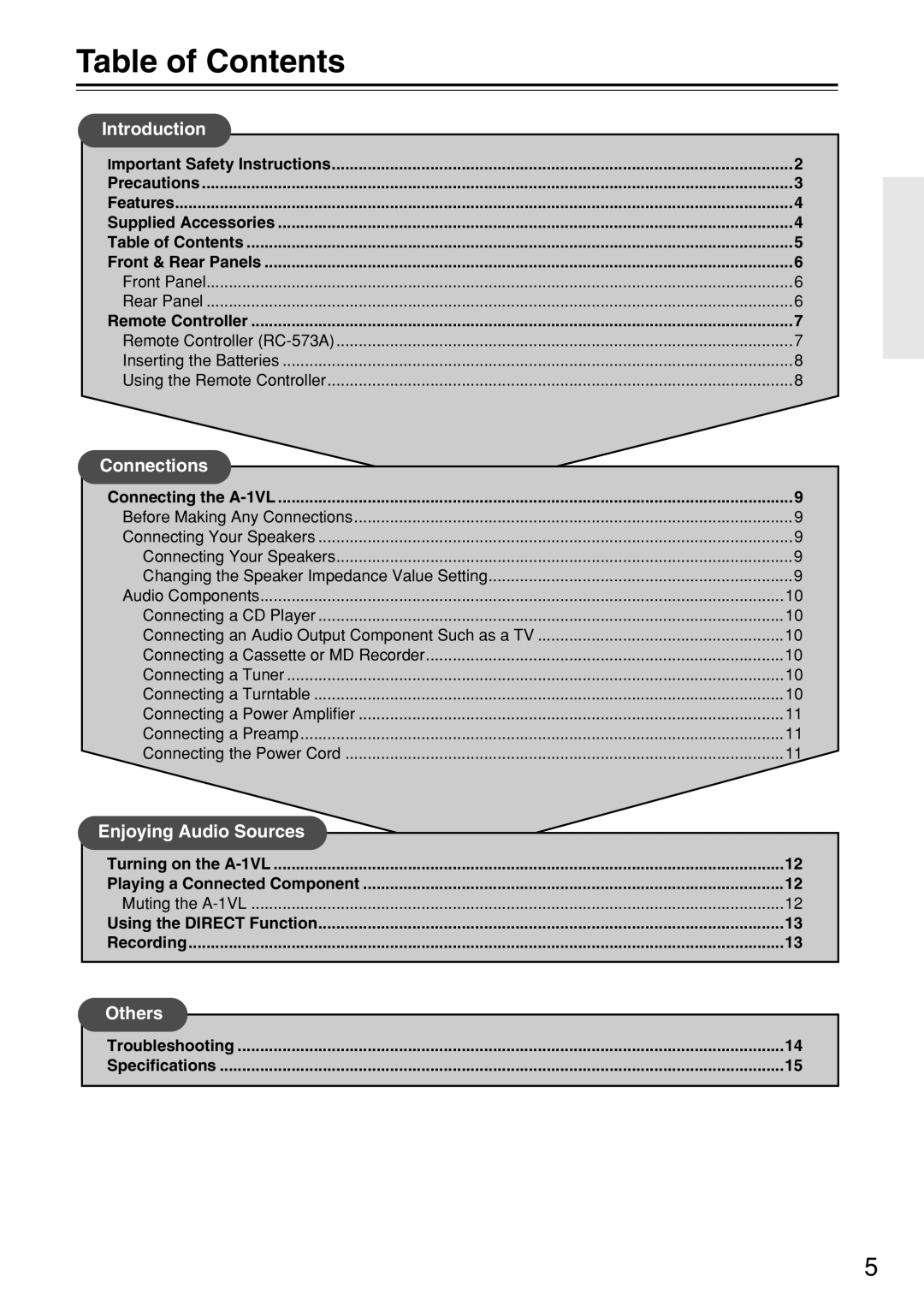 Onkyo A-1VL instruction manual Table of Contents 