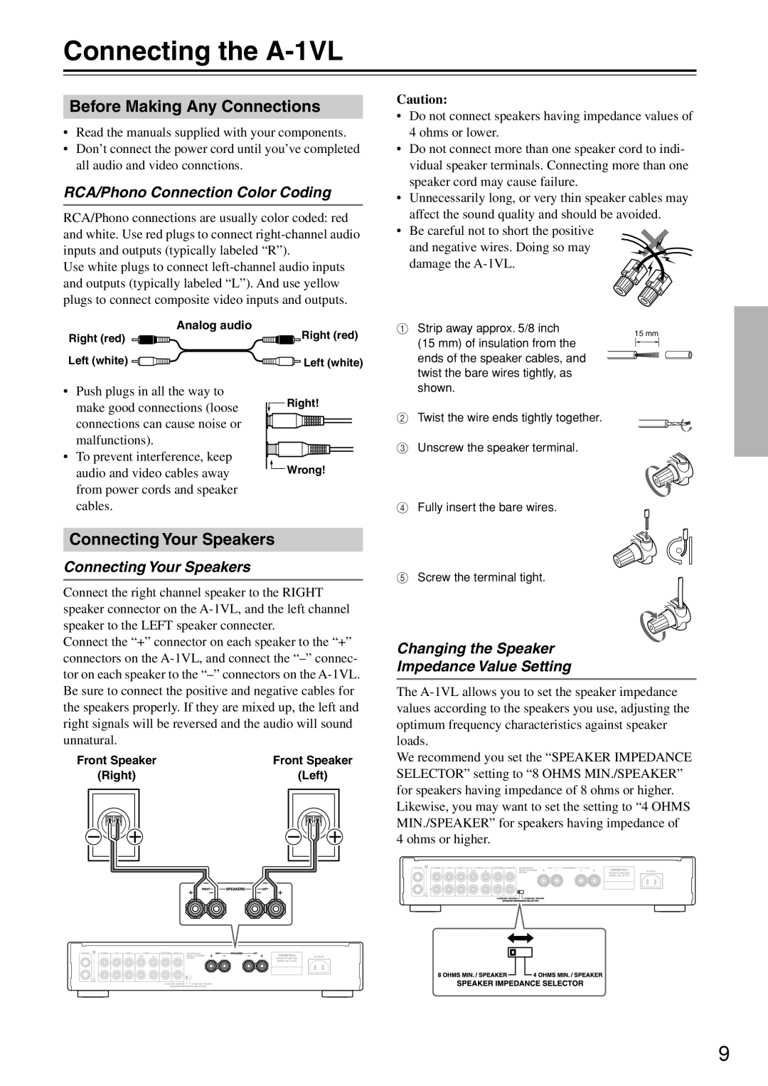 Onkyo instruction manual Connecting the A-1VL, Before Making Any Connections, Connecting Your Speakers 