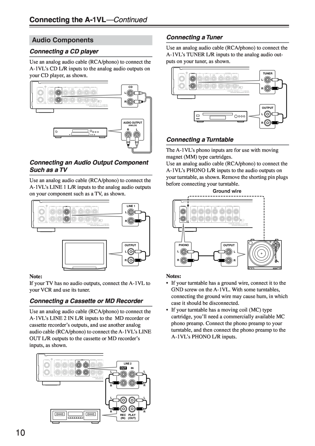 Onkyo instruction manual Connecting the A-1VL-Continued, Audio Components, Connecting a Tuner, Connecting a CD player 