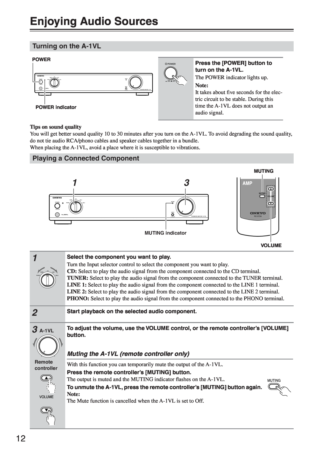 Onkyo instruction manual Enjoying Audio Sources, Turning on the A-1VL, Playing a Connected Component 
