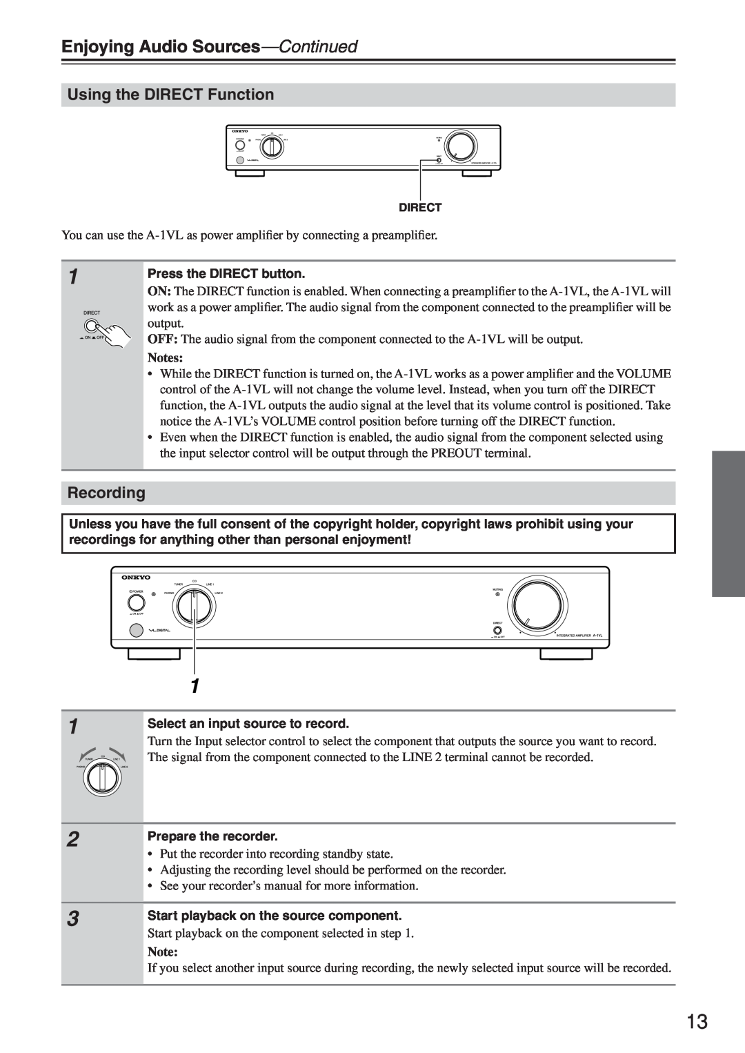 Onkyo A-1VL instruction manual Enjoying Audio Sources-Continued, Using the DIRECT Function, Recording 