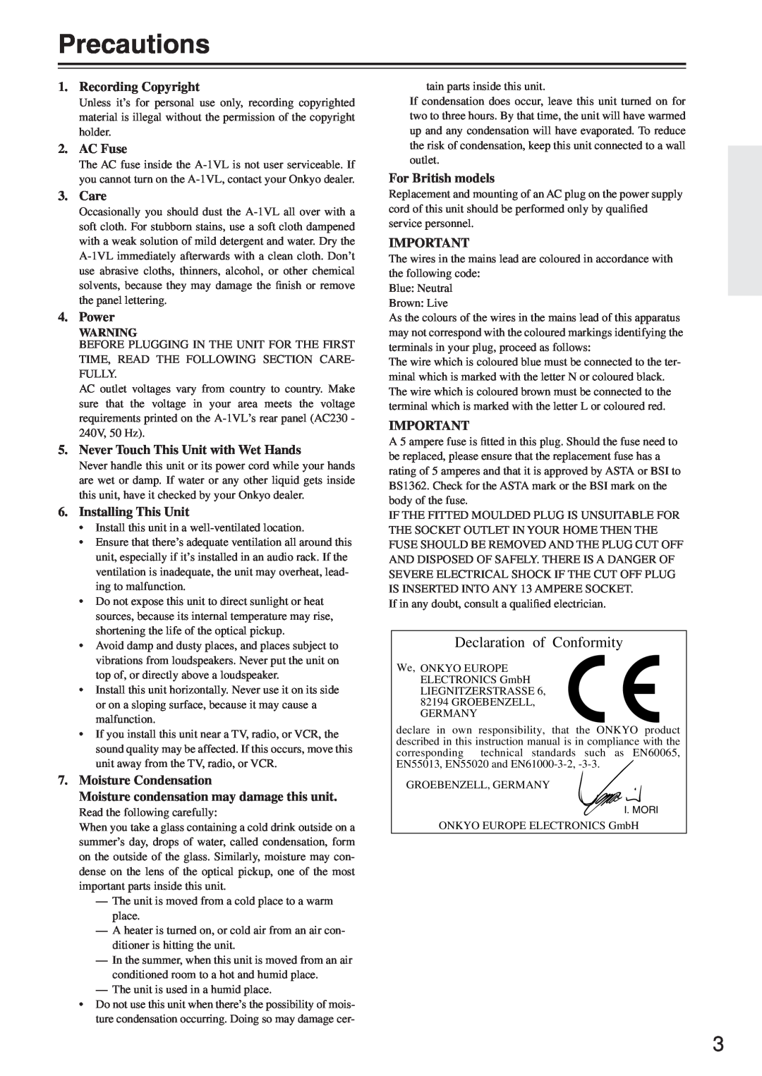 Onkyo A-1VL instruction manual Precautions, Declaration of Conformity 