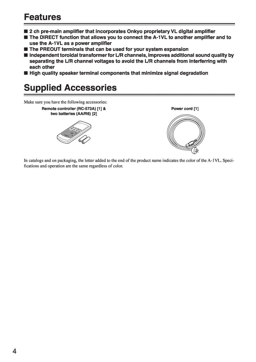 Onkyo A-1VL instruction manual Features, Supplied Accessories, Make sure you have the following accessories 