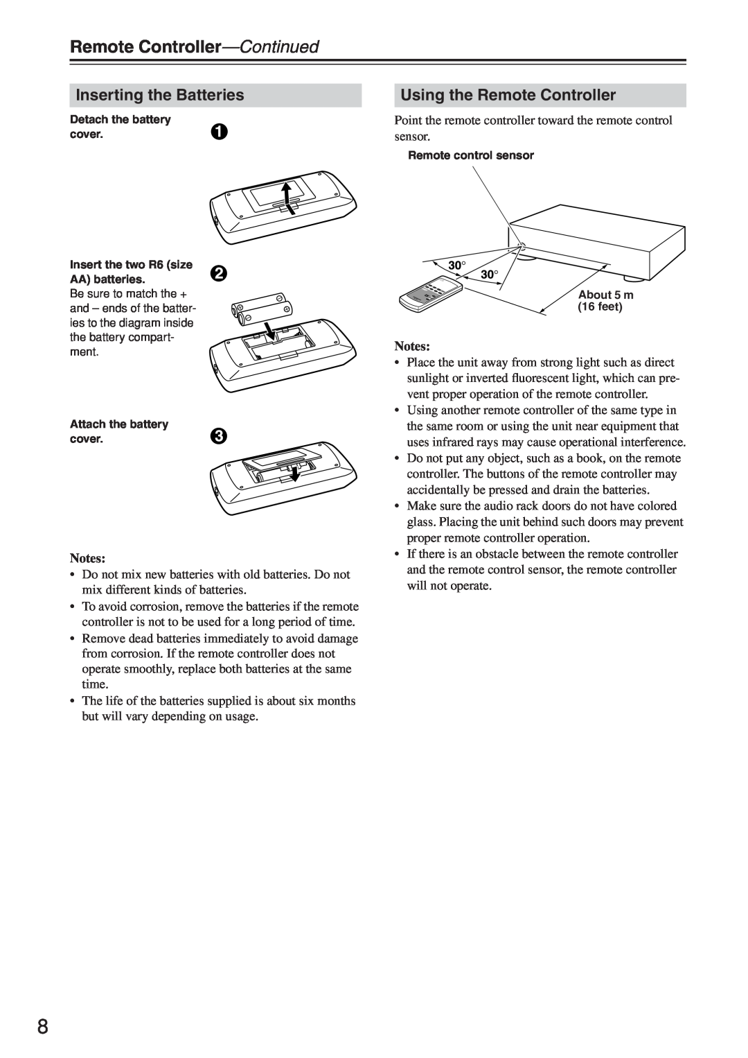 Onkyo A-1VL instruction manual Remote Controller-Continued, Inserting the Batteries, Using the Remote Controller 