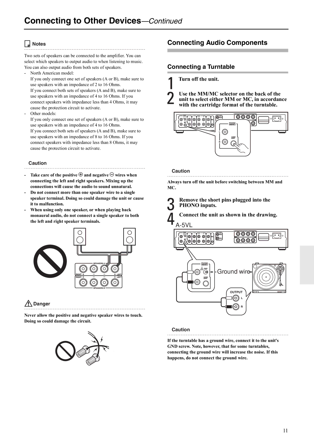 Onkyo A-5VL instruction manual Connecting Audio Components, Connecting a Turntable, Turn off the unit 