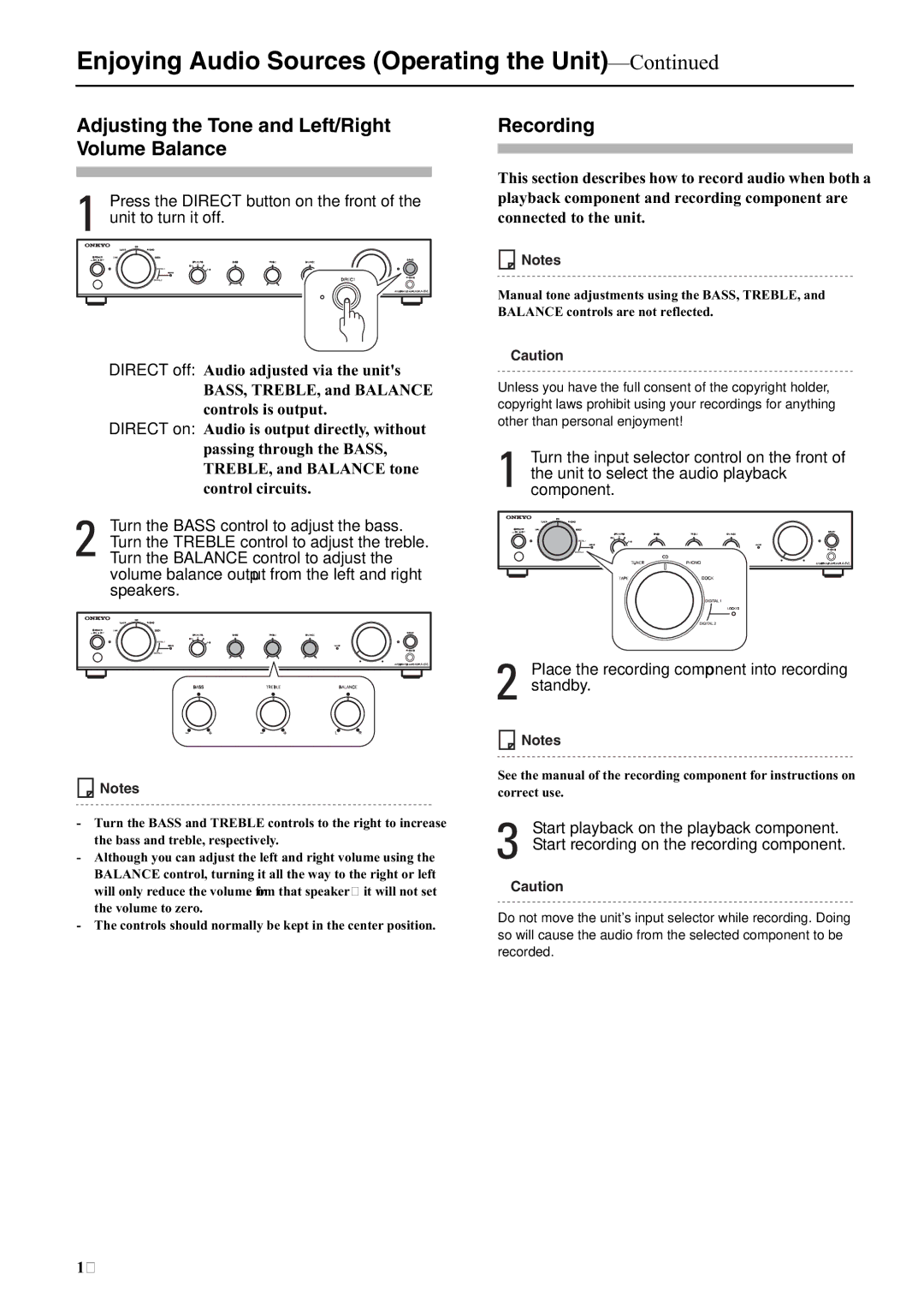 Onkyo A-5VL instruction manual Adjusting the Tone and Left/Right Volume Balance, Recording 