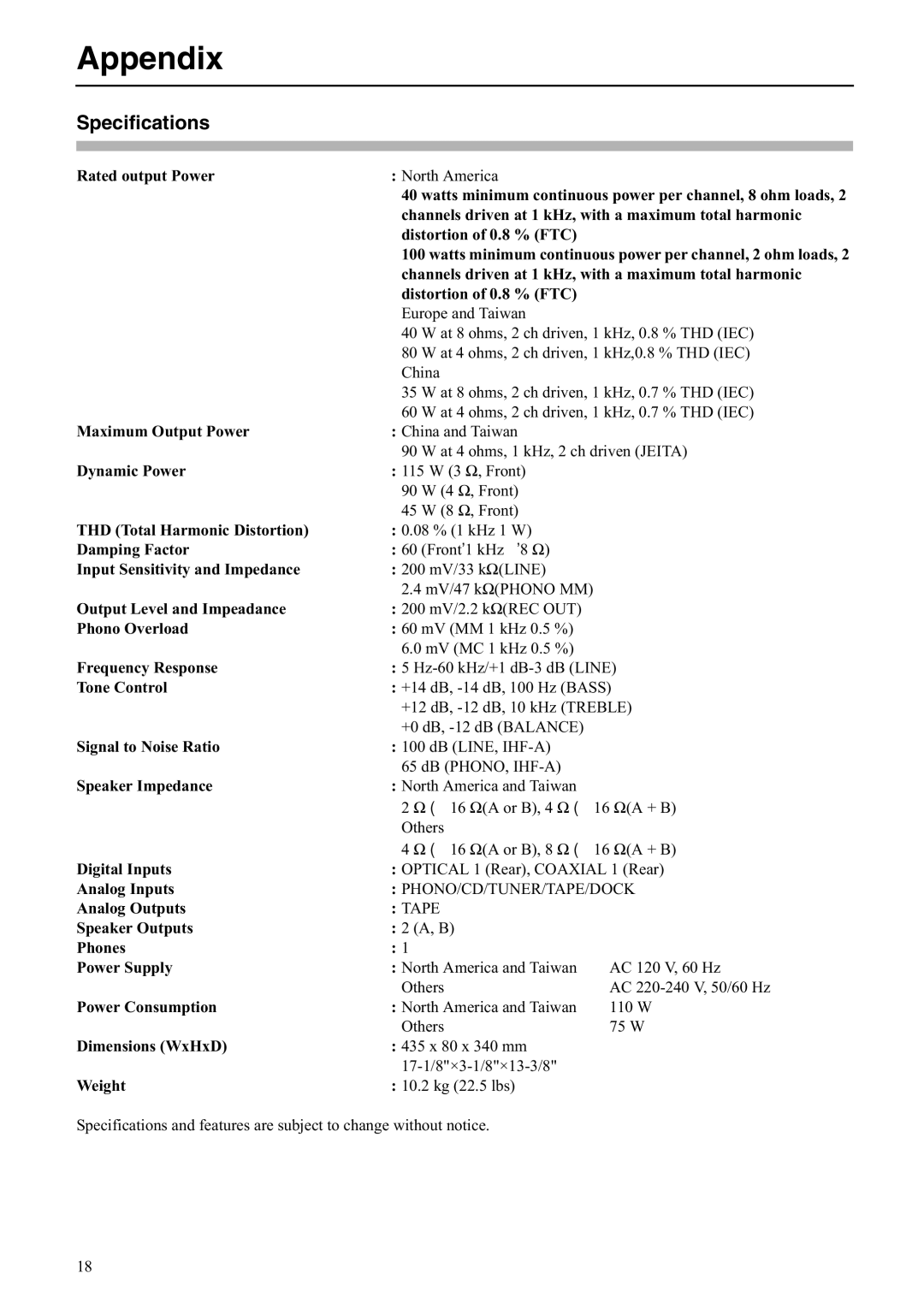 Onkyo A-5VL instruction manual Appendix, Specifications 