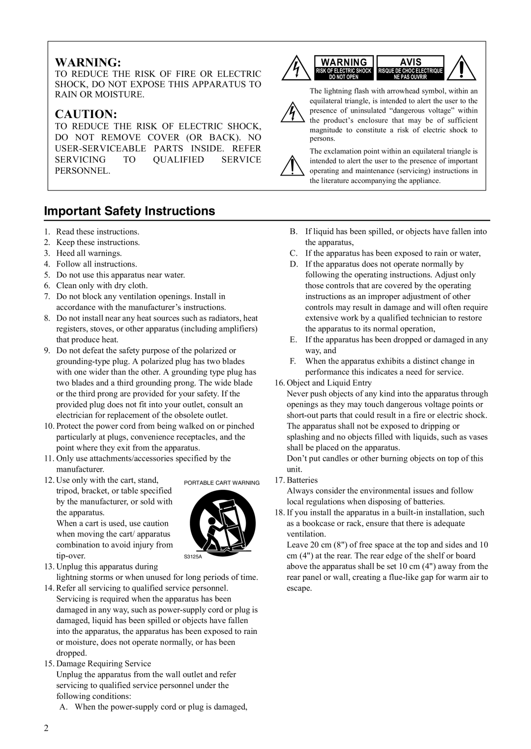 Onkyo A-5VL instruction manual Important Safety Instructions 