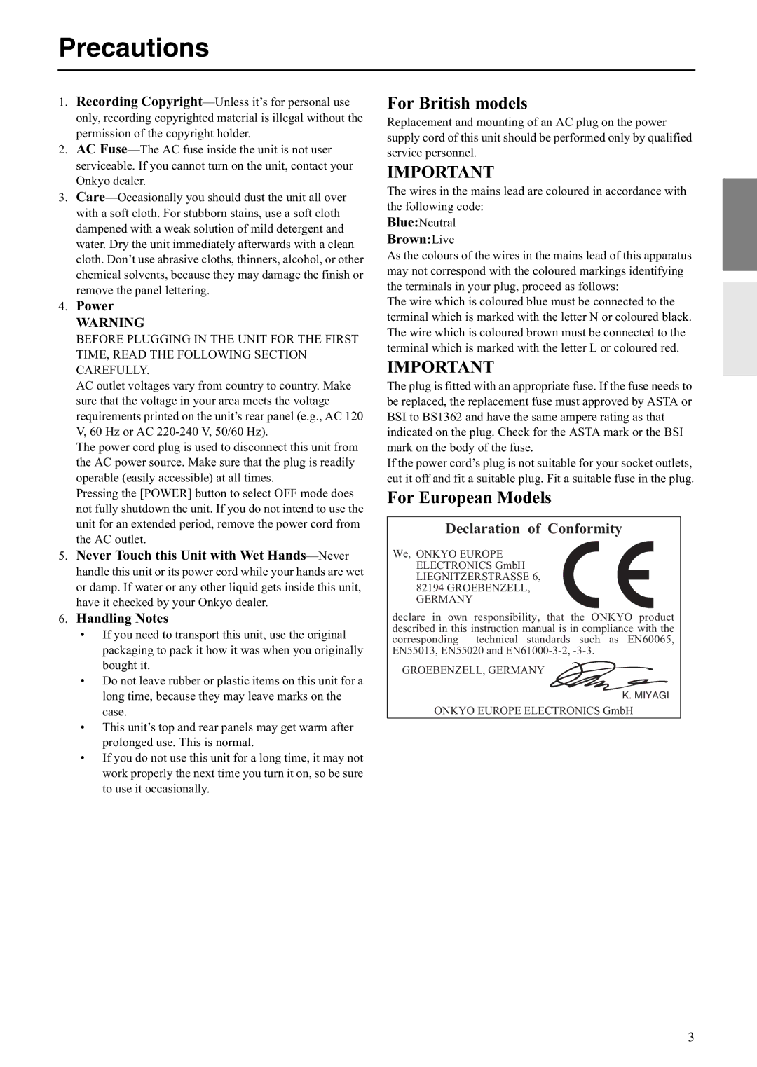 Onkyo A-5VL instruction manual Precautions, Power 