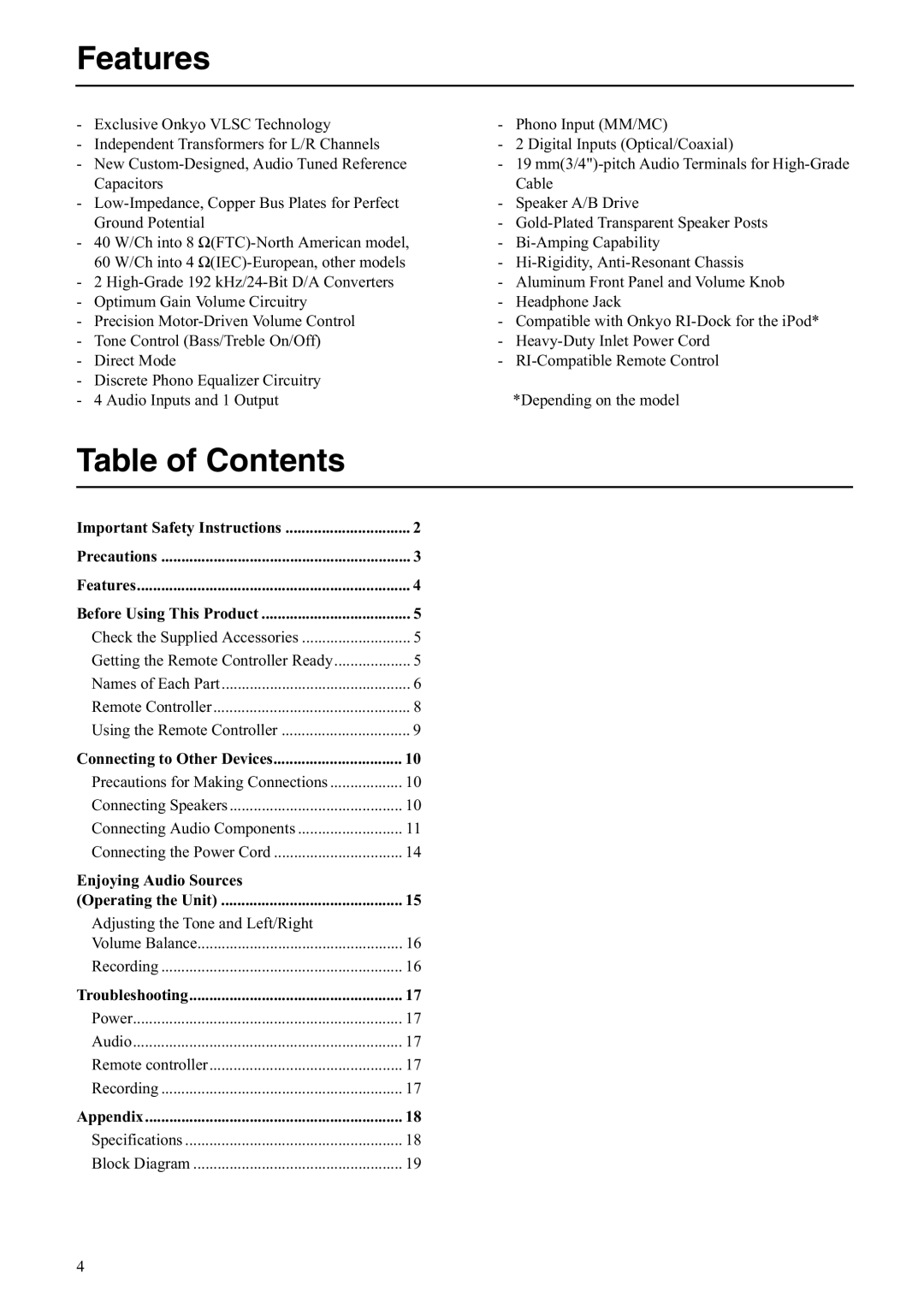 Onkyo A-5VL instruction manual Features, Table of Contents 