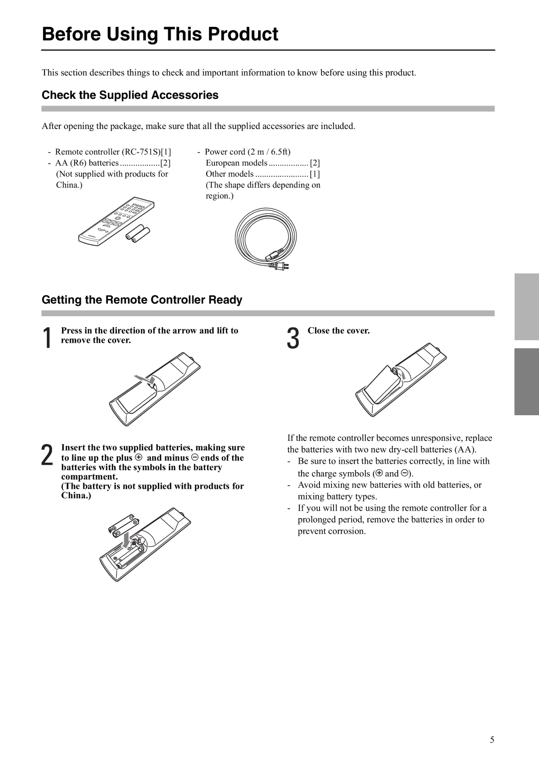 Onkyo A-5VL Before Using This Product, Check the Supplied Accessories, Getting the Remote Controller Ready 