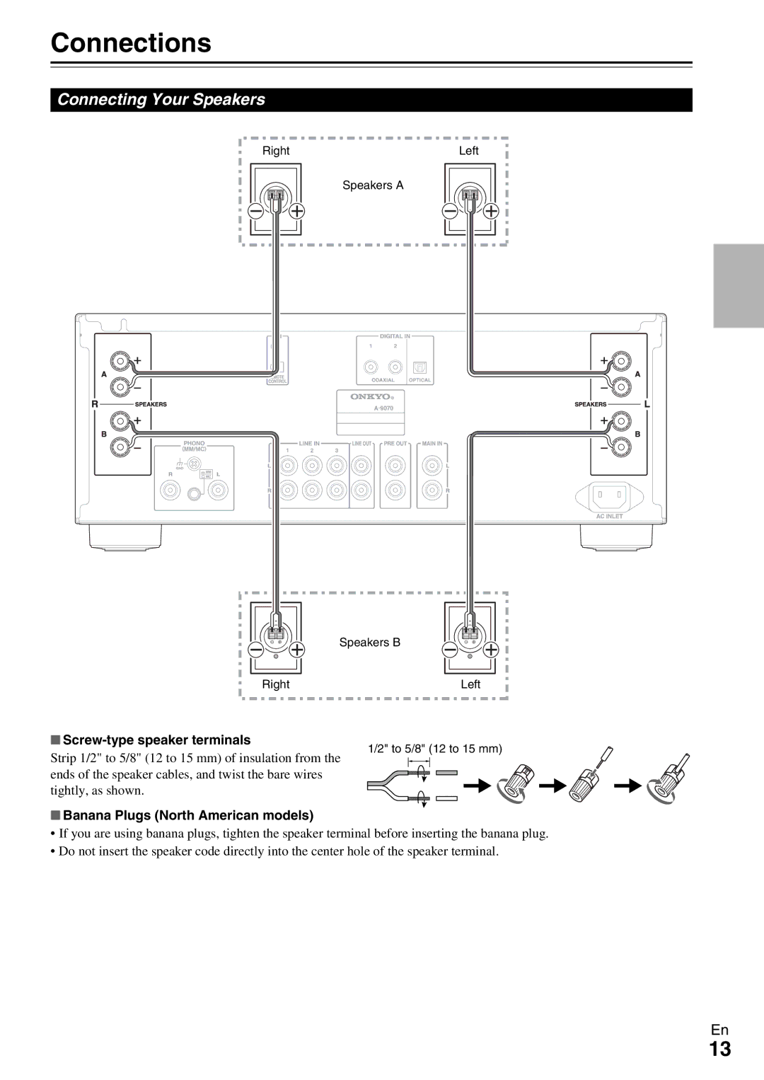 Onkyo A-9070 Connections, Connecting Your Speakers, Screw-type speaker terminals, Banana Plugs North American models 