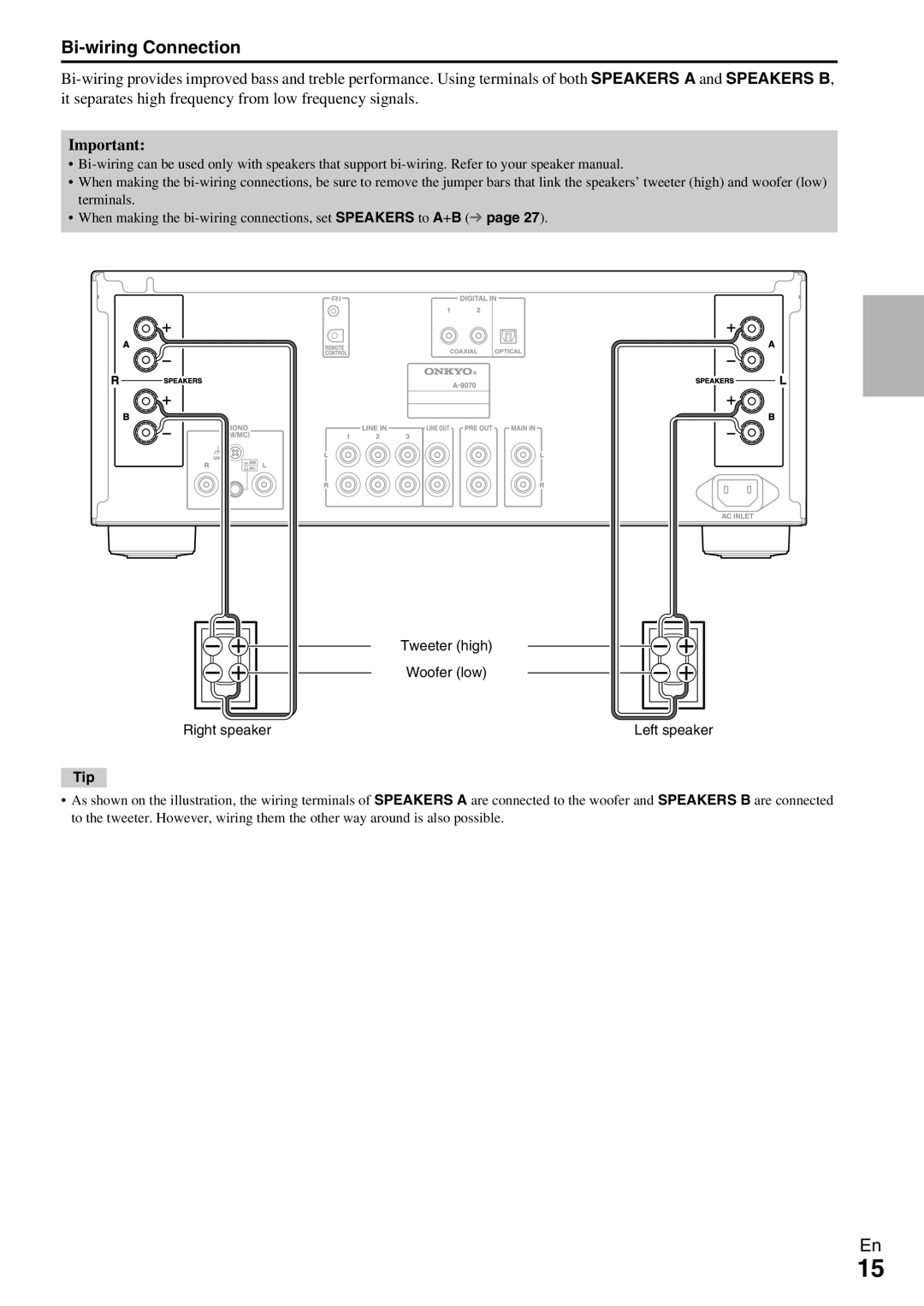 Onkyo A-9070 instruction manual Bi-wiring Connection, Tip 