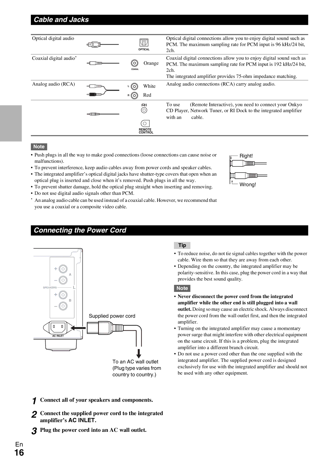 Onkyo A-9070 instruction manual Cable and Jacks, Connecting the Power Cord 