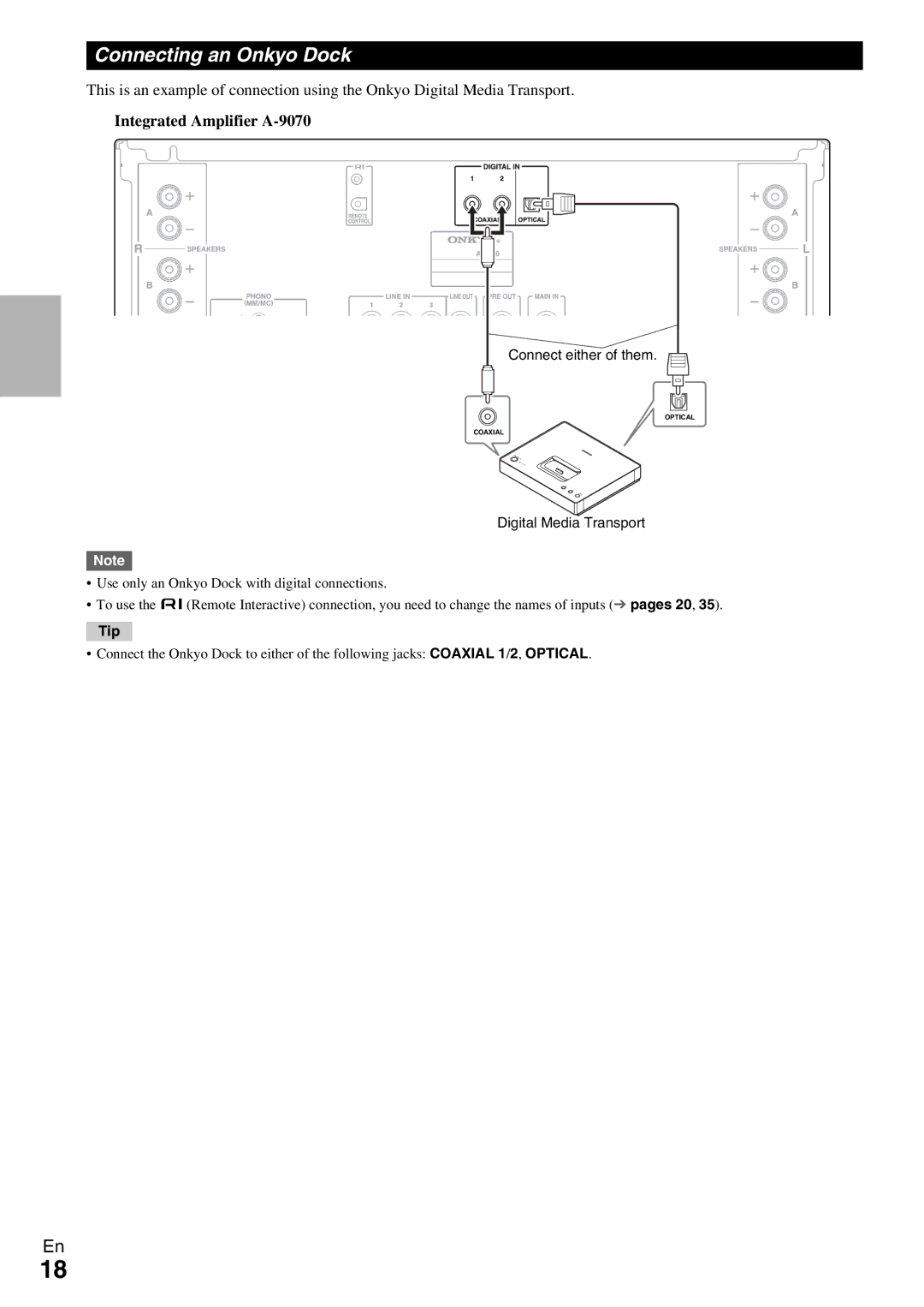 Onkyo A-9070 instruction manual Connecting an Onkyo Dock, Digital Media Transport 