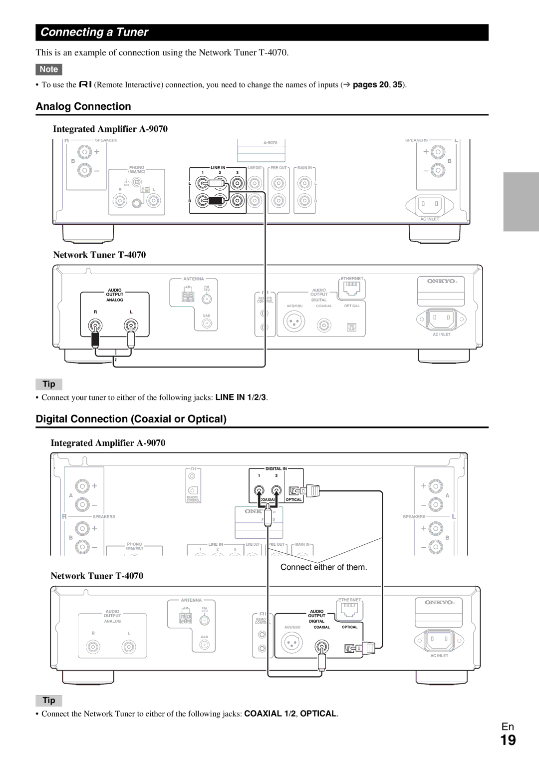 Onkyo instruction manual Connecting a Tuner, Integrated Amplifier A-9070 Network Tuner T-4070 