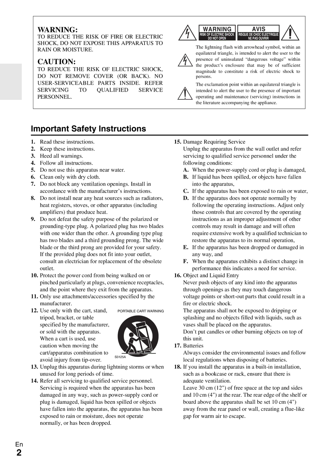 Onkyo A-9070 instruction manual Important Safety Instructions 