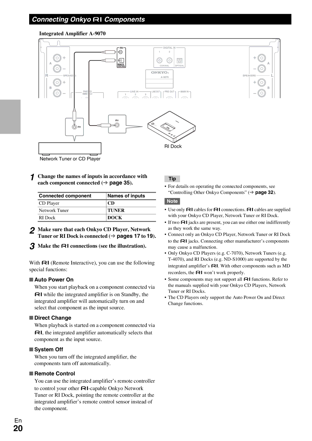 Onkyo A-9070 instruction manual Connecting Onkyo u Components, Auto Power On, Direct Change, System Off, Remote Control 