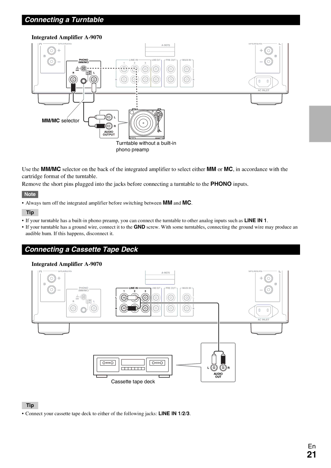 Onkyo A-9070 instruction manual Connecting a Turntable, Connecting a Cassette Tape Deck 