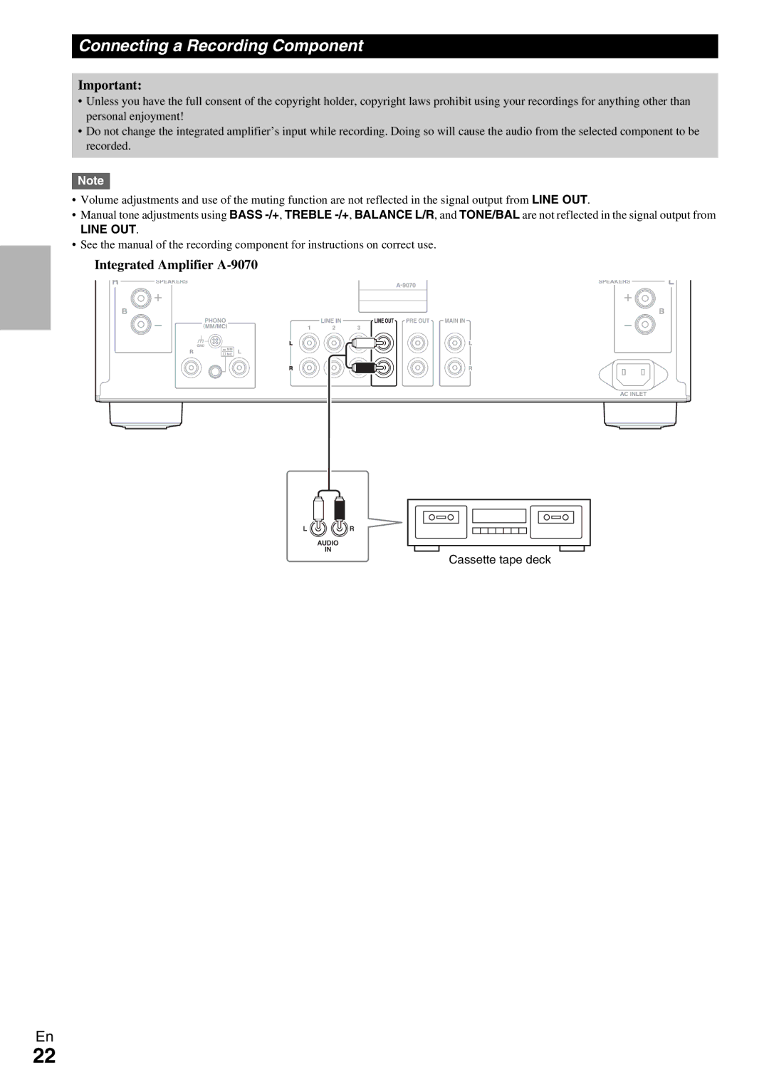 Onkyo A-9070 instruction manual Connecting a Recording Component 