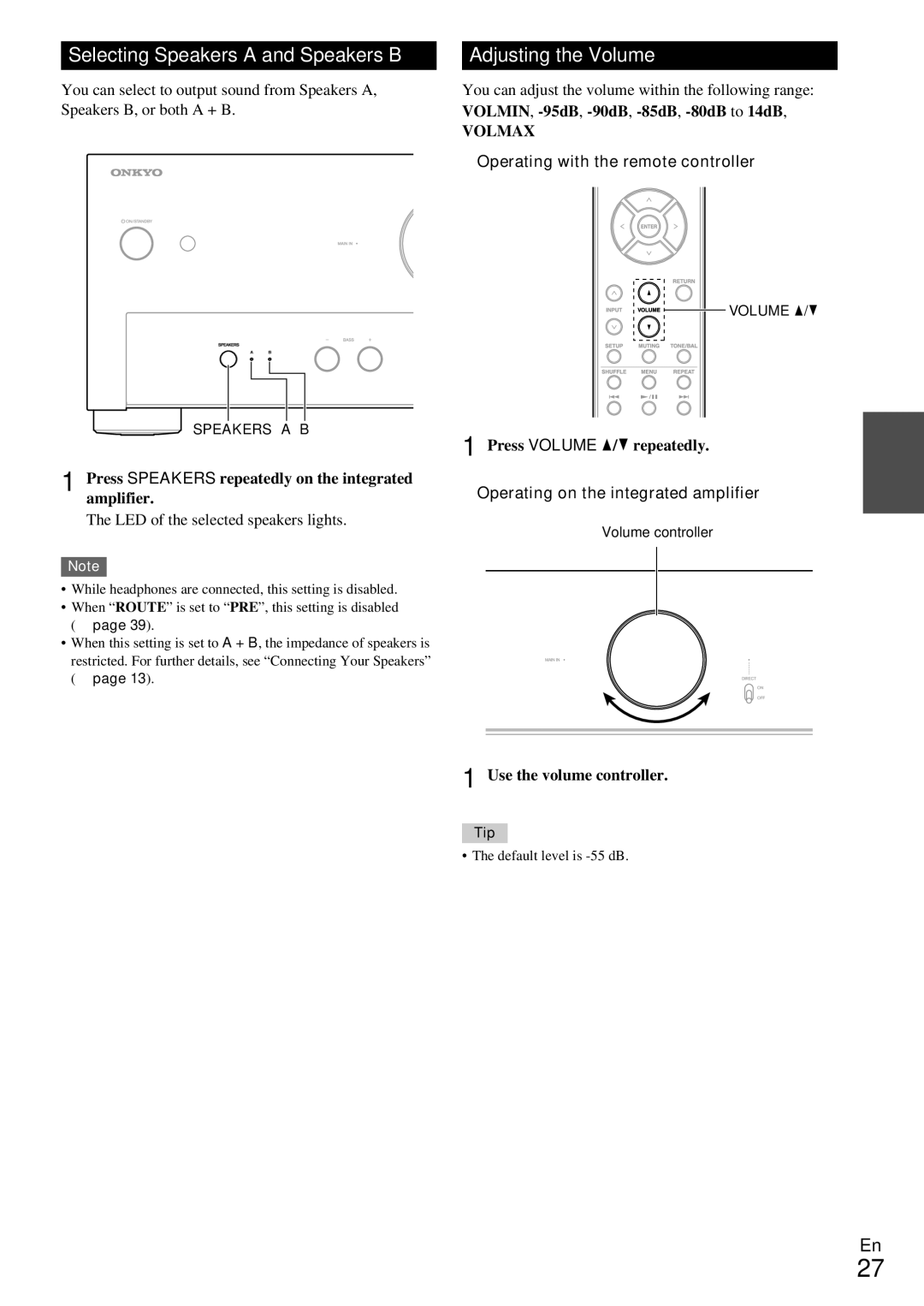 Onkyo A-9070 Selecting Speakers a and Speakers B, Adjusting the Volume, Operating on the integrated amplifier 