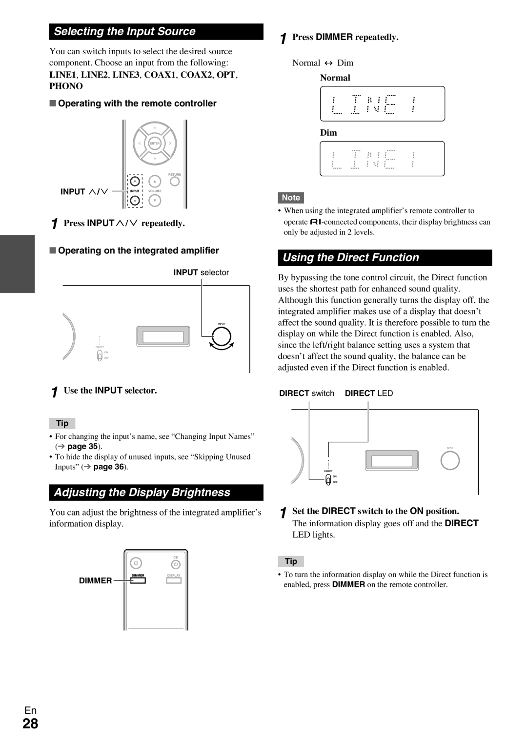 Onkyo A-9070 instruction manual Selecting the Input Source, Adjusting the Display Brightness, Using the Direct Function 