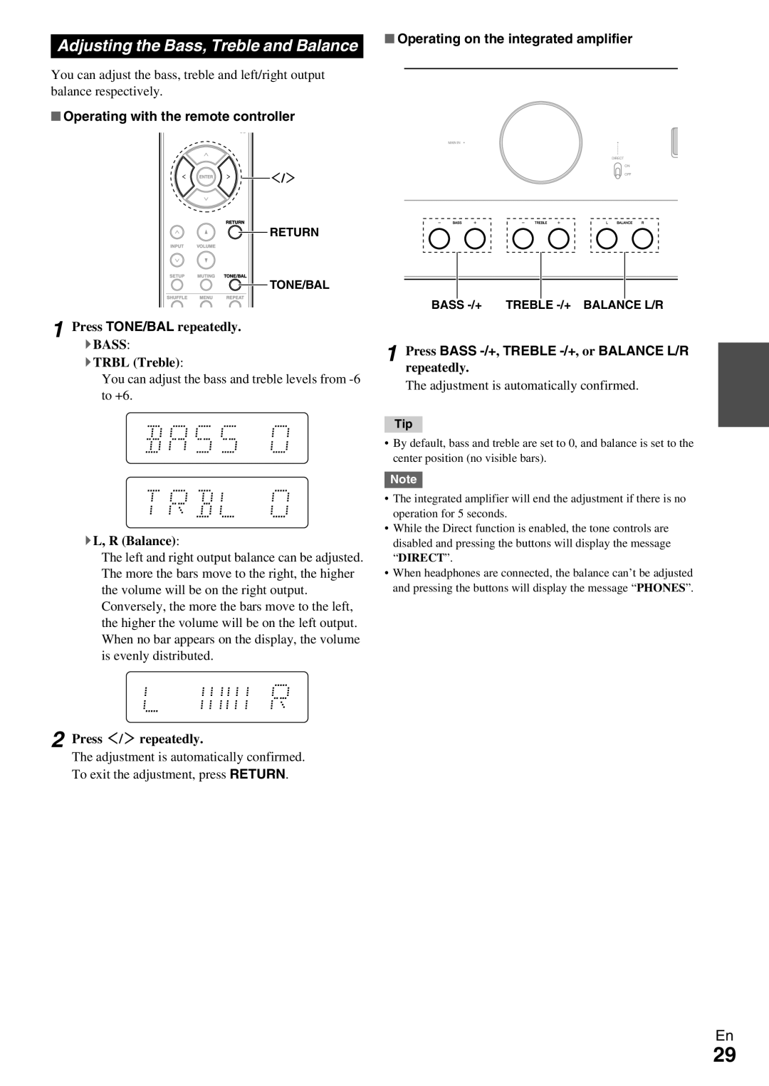 Onkyo A-9070 instruction manual Adjusting the Bass, Treble and Balance, Press Bass -/+,TREBLE -/+, or Balance L/R 