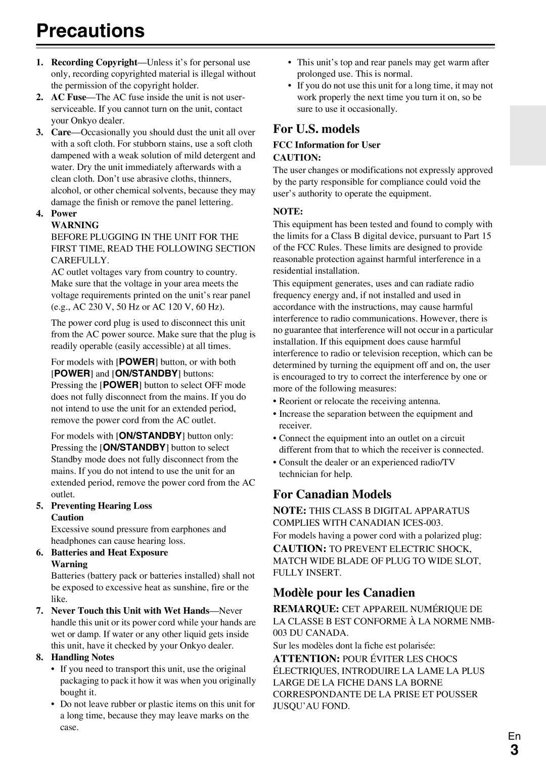 Onkyo A-9070 instruction manual Precautions 