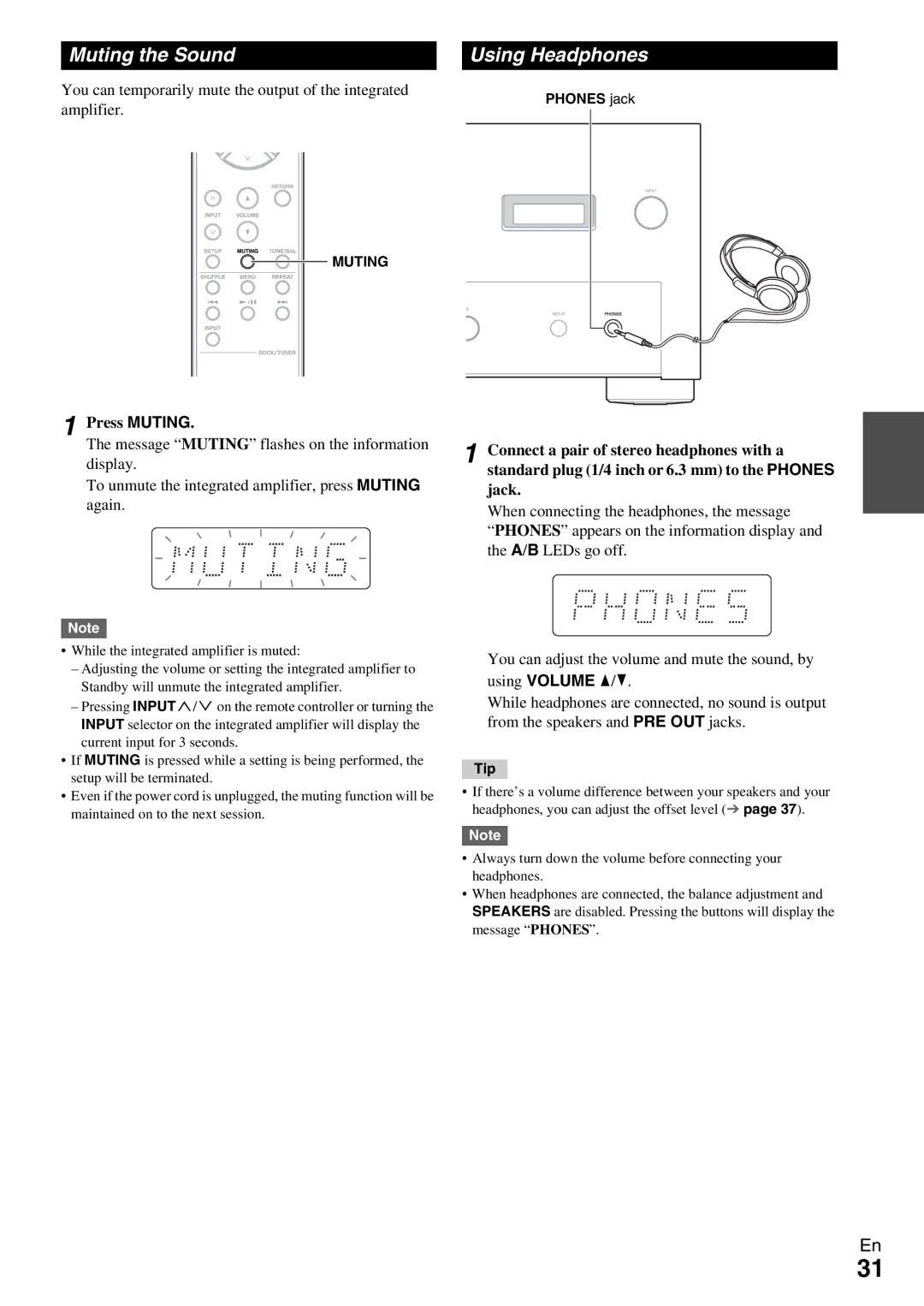 Onkyo A-9070 instruction manual Muting the Sound, Using Headphones, Press Muting 