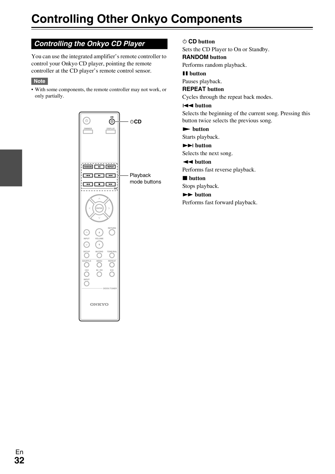 Onkyo A-9070 Controlling Other Onkyo Components, Controlling the Onkyo CD Player, Random button, Repeat button 