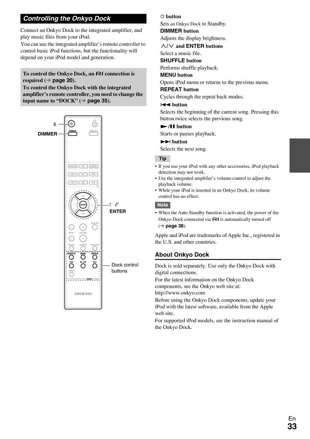 Onkyo A-9070 instruction manual Controlling the Onkyo Dock, About Onkyo Dock, Shuffle button 