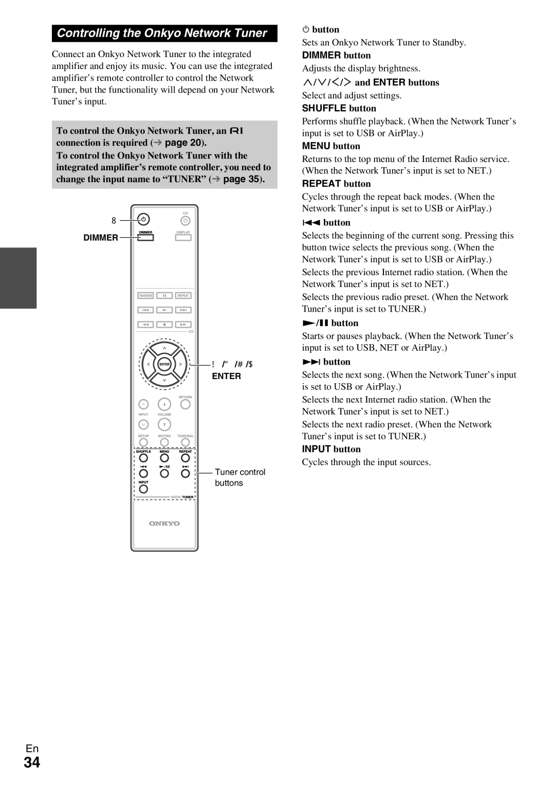 Onkyo A-9070 instruction manual Controlling the Onkyo Network Tuner, #/$and Enter buttons, Input button 