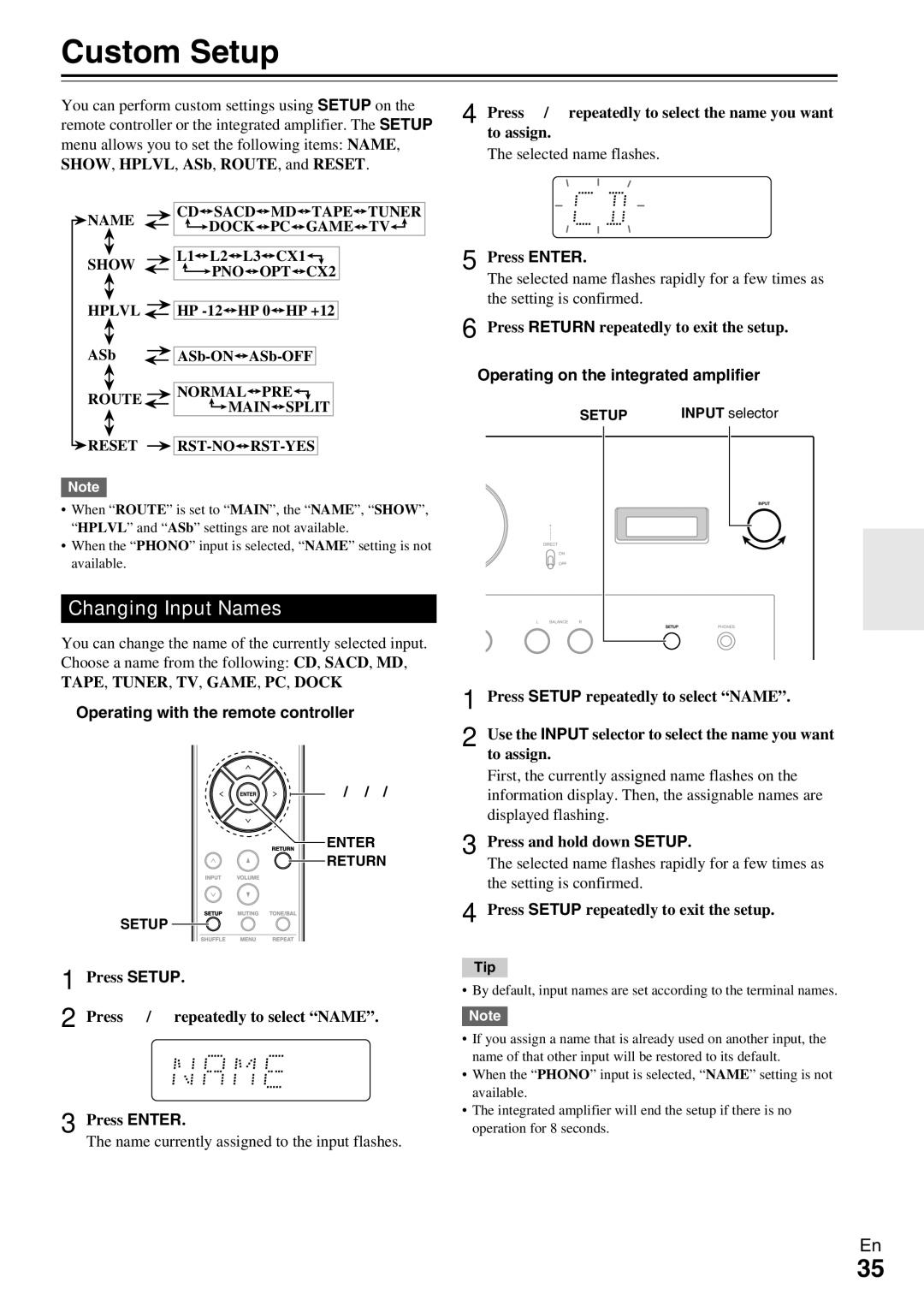 Onkyo A-9070 instruction manual Custom Setup, Changing Input Names 