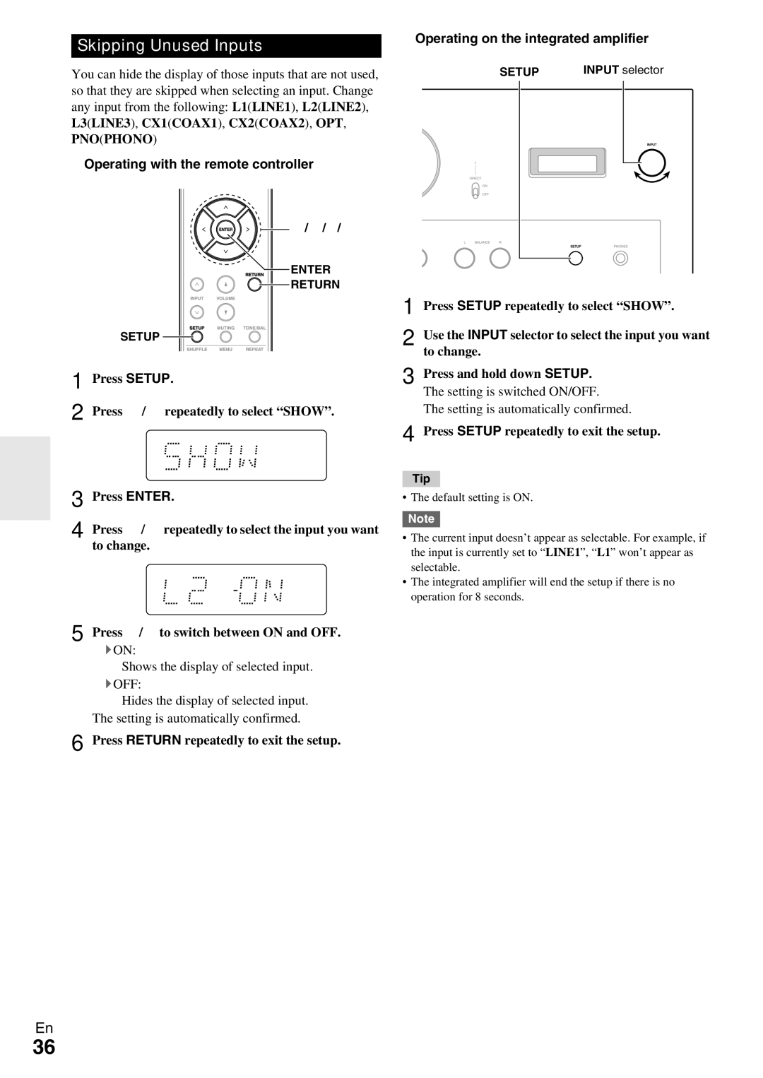 Onkyo A-9070 instruction manual Skipping Unused Inputs 