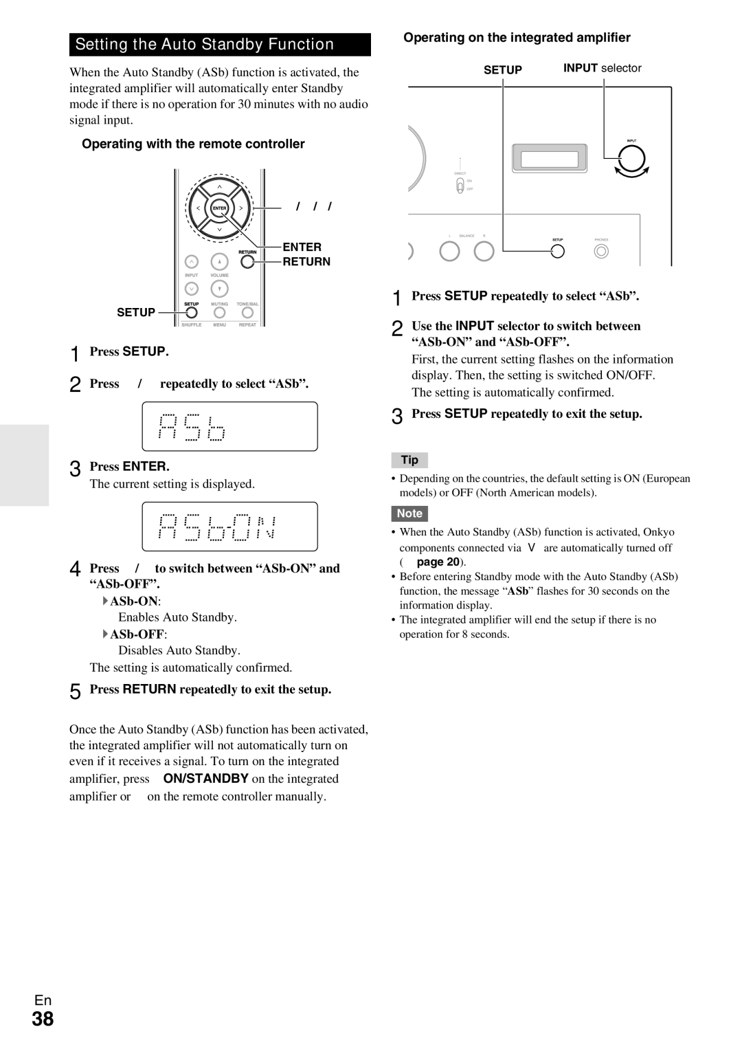 Onkyo A-9070 Setting the Auto Standby Function, Press Setup Press !/repeatedly to select ASb Press Enter, ` ASb-OFF 