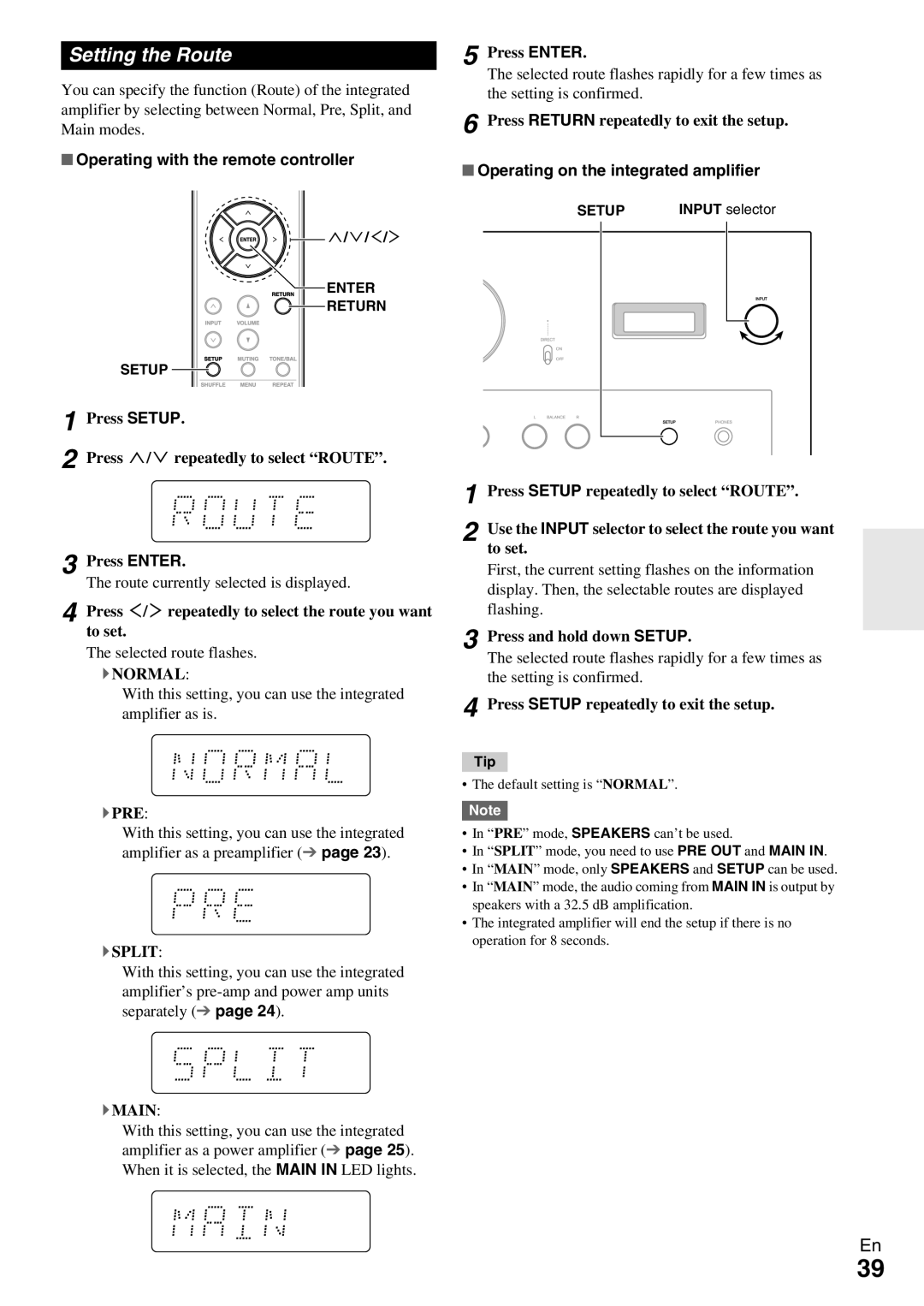 Onkyo A-9070 instruction manual Setting the Route, Press Setup Press !/repeatedly to select Route Press Enter, ` Pre 