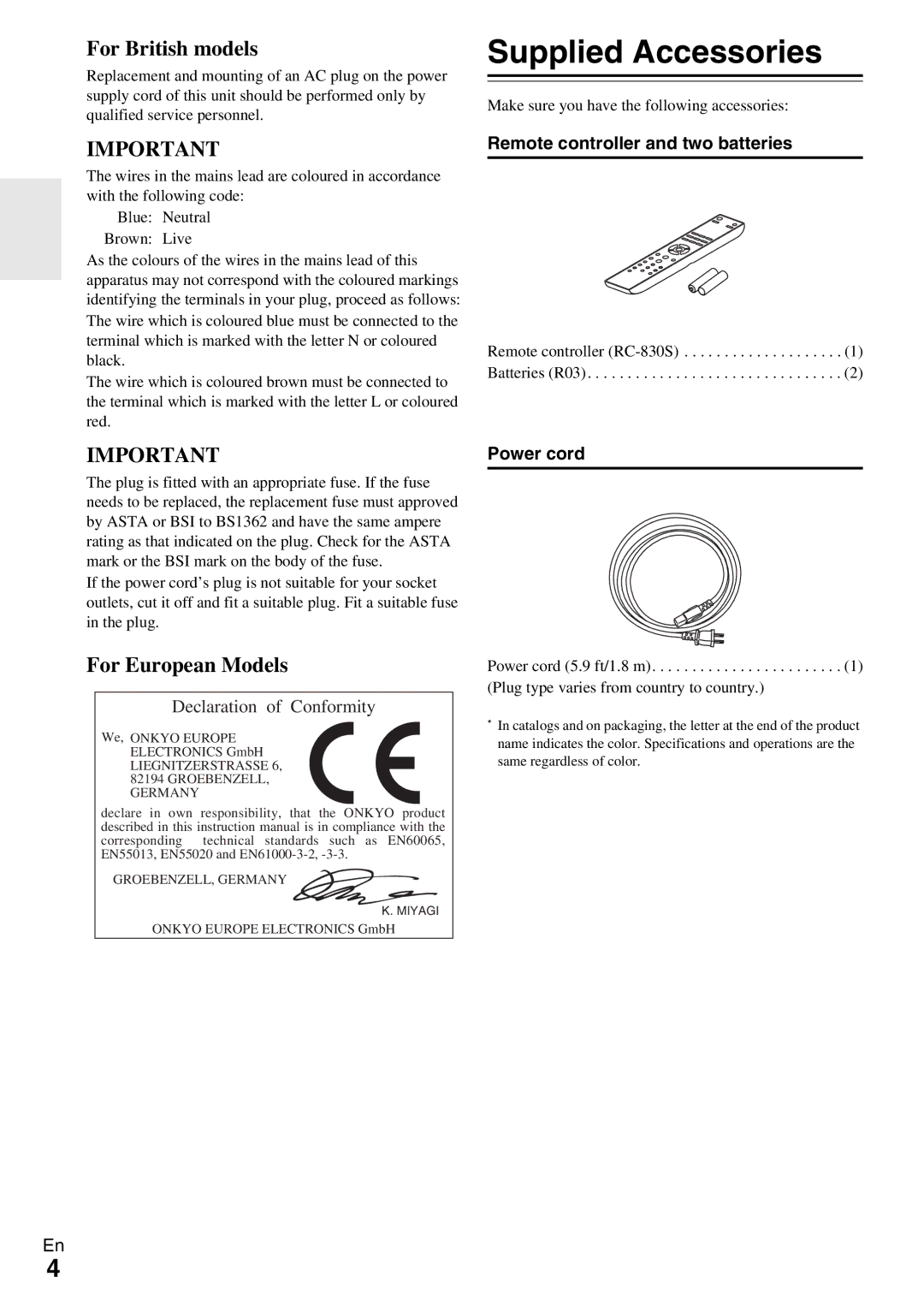 Onkyo A-9070 instruction manual Supplied Accessories, Remote controller and two batteries, Power cord 