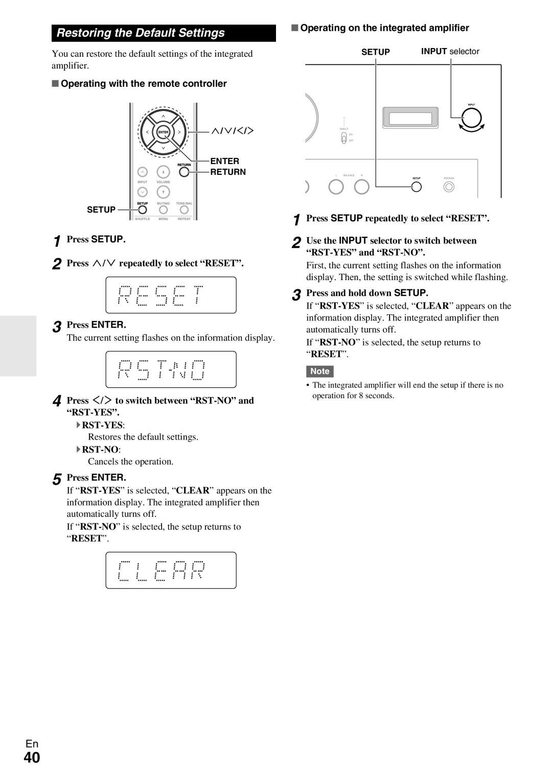 Onkyo A-9070 instruction manual Restoring the Default Settings, Press Setup Press !/repeatedly to select Reset Press Enter 