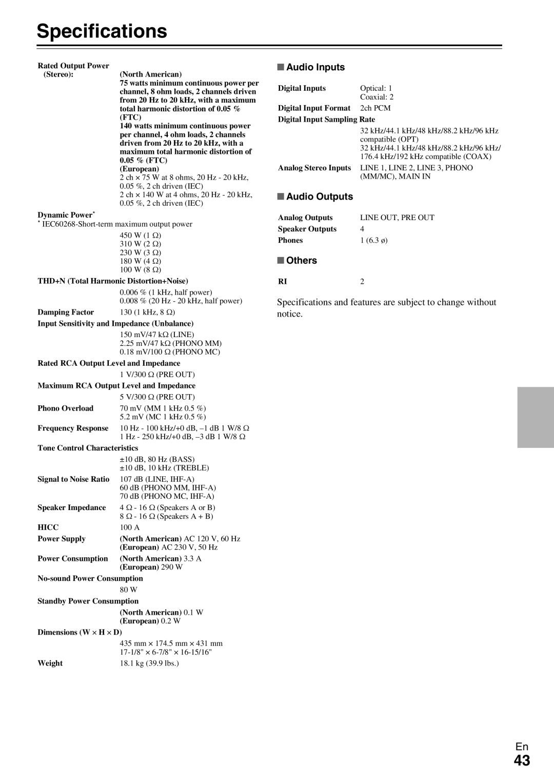 Onkyo A-9070 instruction manual Specifications, Audio Inputs, Audio Outputs 