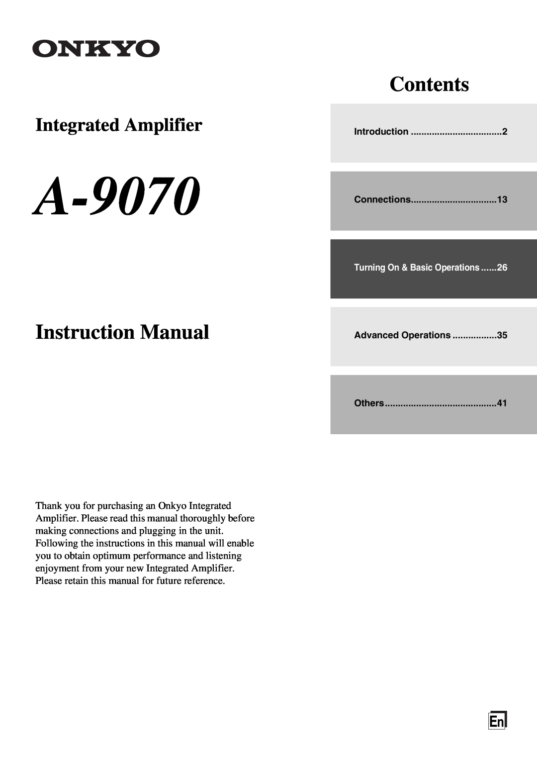 Onkyo A-9070 instruction manual Contents, Integrated Amplifier 
