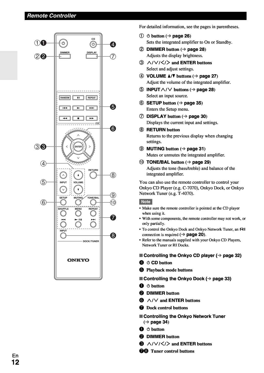 Onkyo A-9070 instruction manual cc d h e i fj g h, Remote Controller, a 8button page, d 8CD button e Playback mode buttons 
