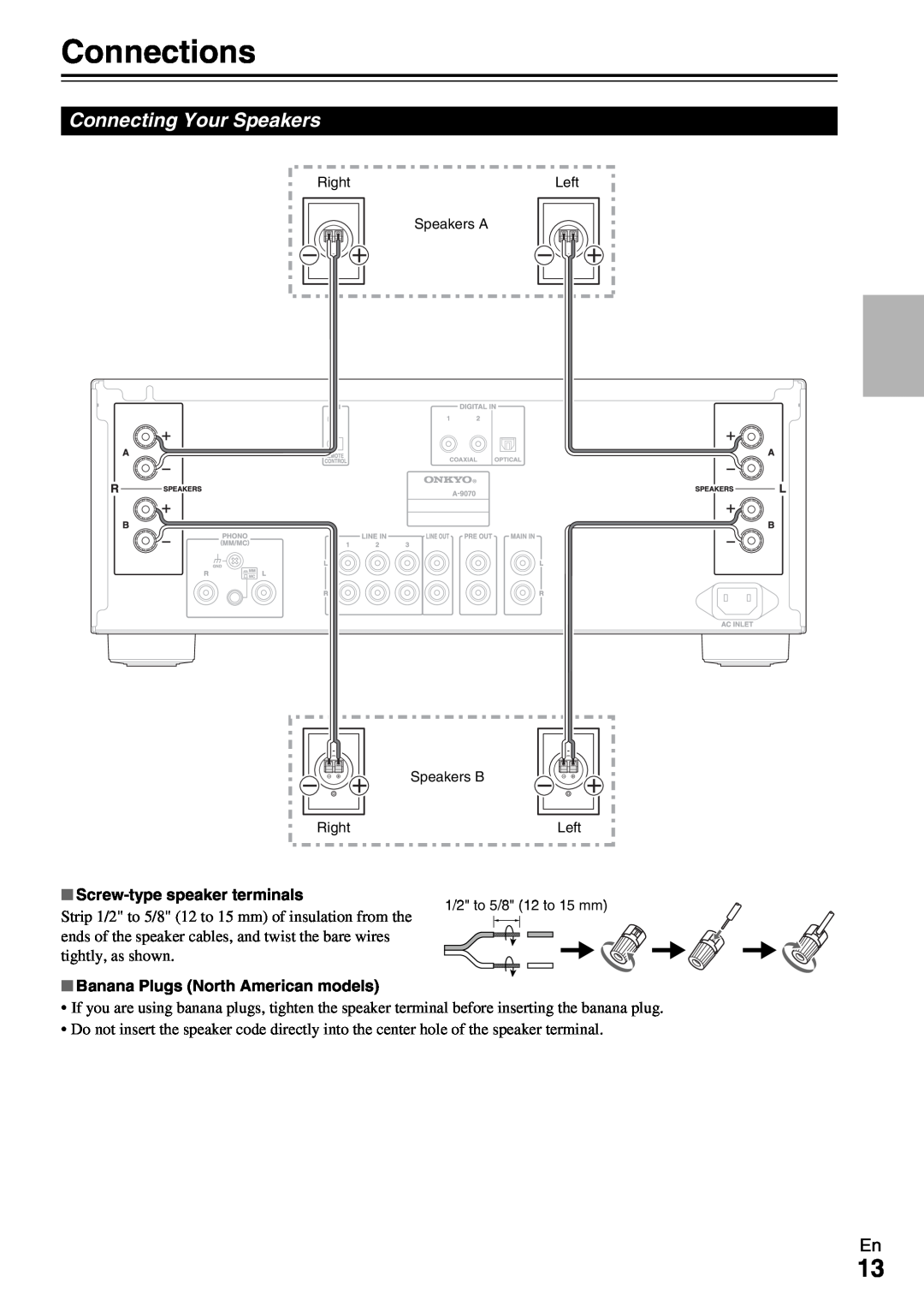 Onkyo A-9070 instruction manual Connections, Connecting Your Speakers 