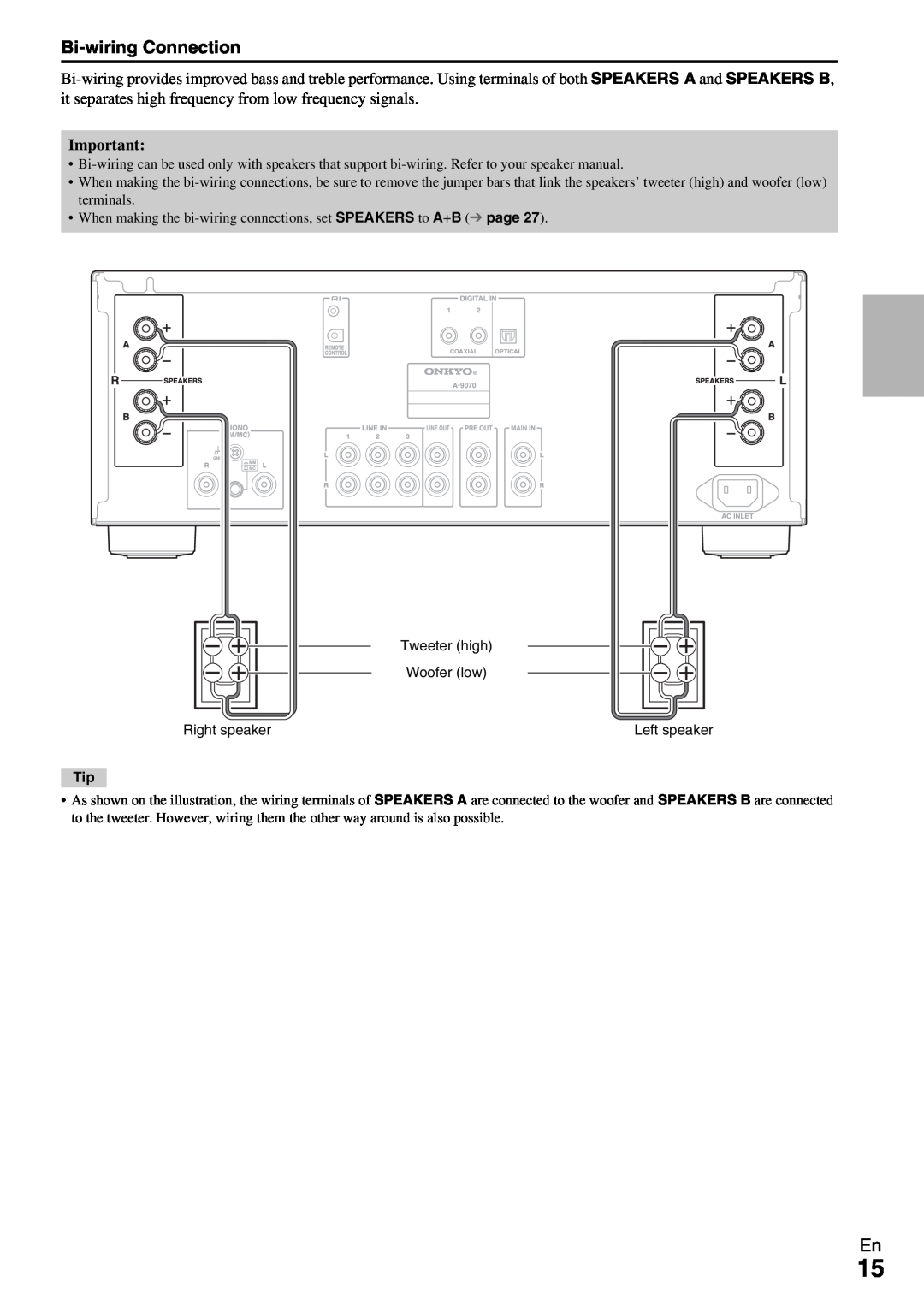 Onkyo A-9070 instruction manual Bi-wiringConnection 