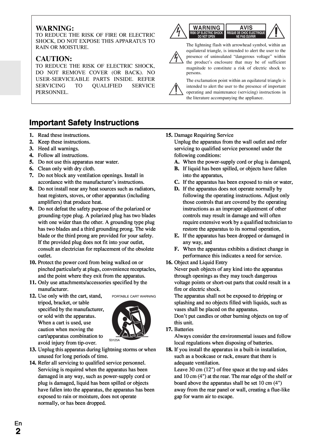 Onkyo A-9070 instruction manual Avis, Important Safety Instructions 