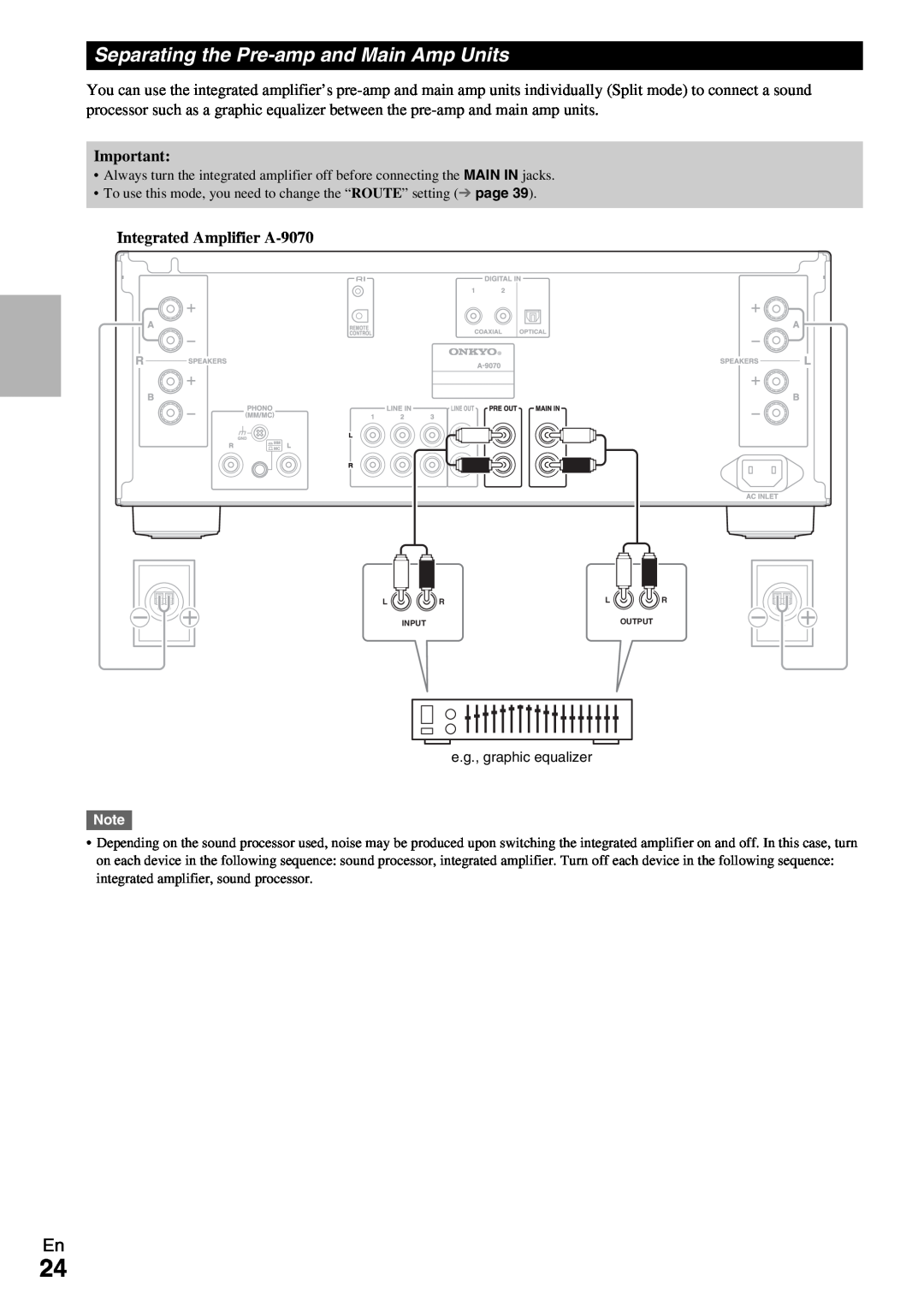 Onkyo instruction manual Separating the Pre-ampand Main Amp Units, Integrated Amplifier A-9070, e.g., graphic equalizer 