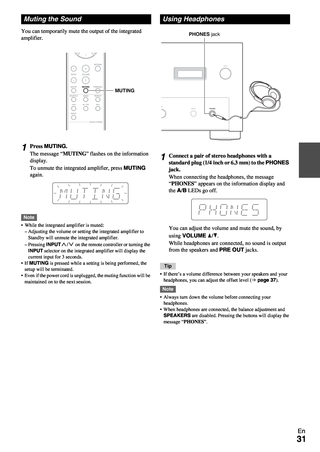 Onkyo A-9070 instruction manual Muting the Sound, Using Headphones, Press MUTING 