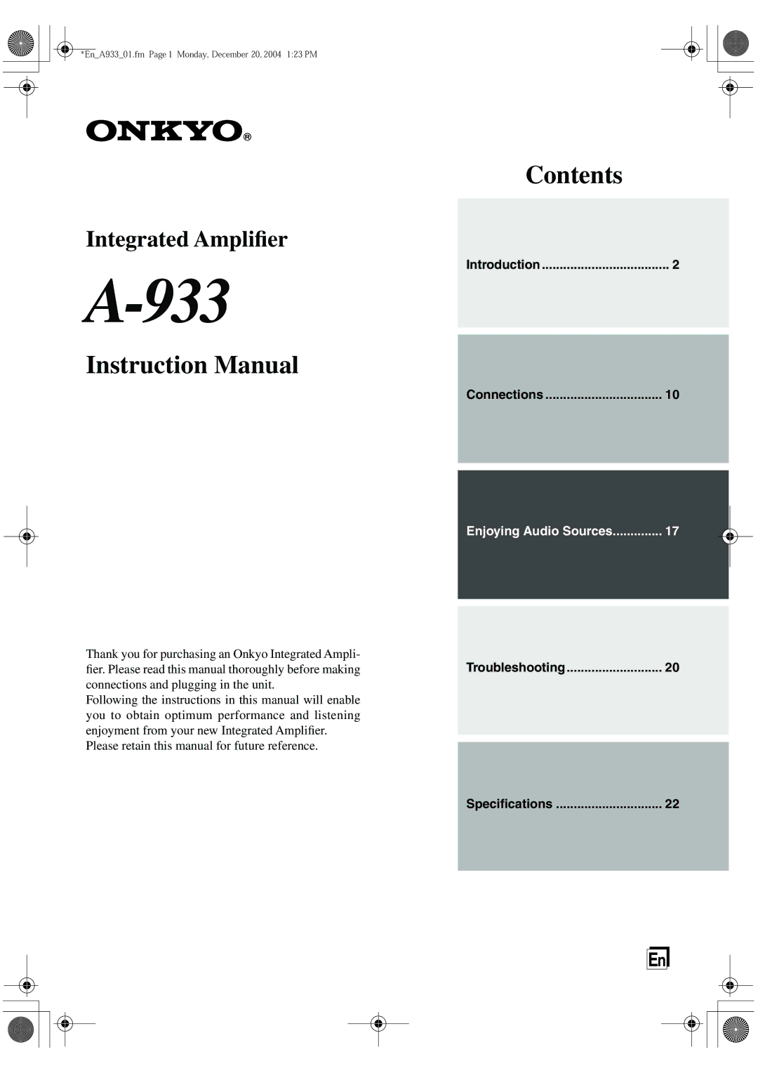 Onkyo A-933 instruction manual 